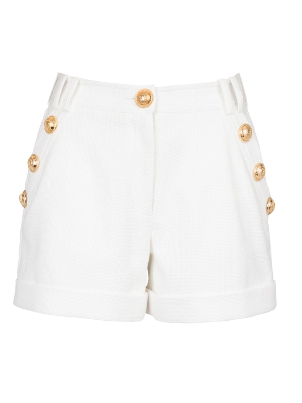 Balmain White High-Rise Shorts with Gold Buttons